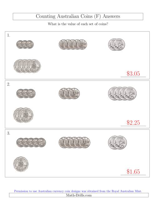 The Counting Small Collections of Australian Coins (No Dollar Coins) Sorted Version (F) Math Worksheet Page 2