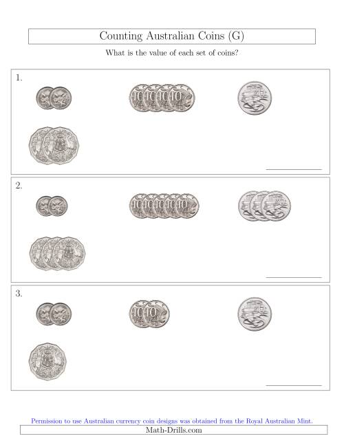 The Counting Small Collections of Australian Coins (No Dollar Coins) Sorted Version (G) Math Worksheet