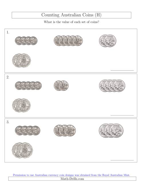 The Counting Small Collections of Australian Coins (No Dollar Coins) Sorted Version (H) Math Worksheet