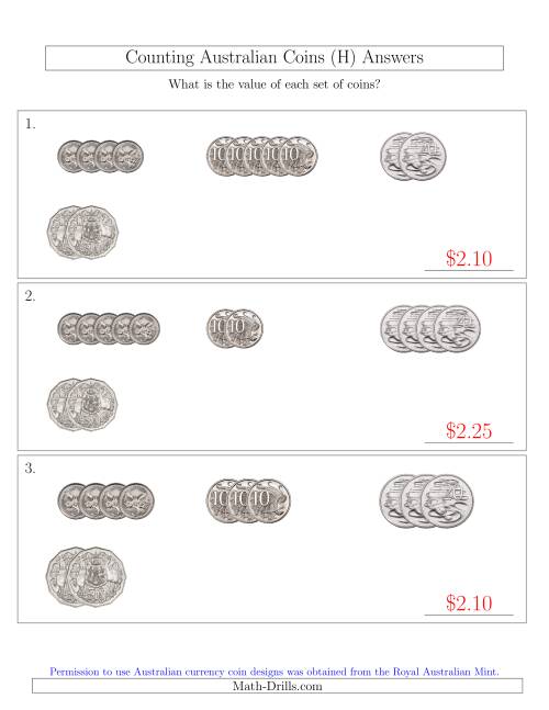 The Counting Small Collections of Australian Coins (No Dollar Coins) Sorted Version (H) Math Worksheet Page 2