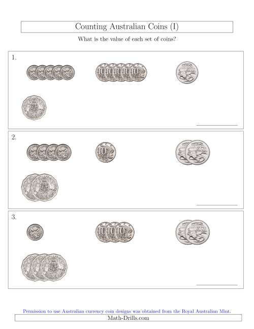 The Counting Small Collections of Australian Coins (No Dollar Coins) Sorted Version (I) Math Worksheet