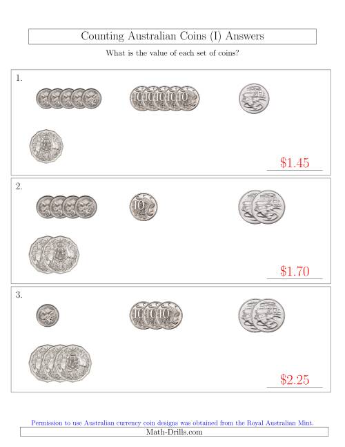 The Counting Small Collections of Australian Coins (No Dollar Coins) Sorted Version (I) Math Worksheet Page 2