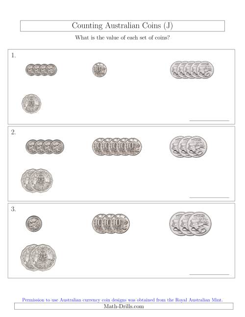 The Counting Small Collections of Australian Coins (No Dollar Coins) Sorted Version (J) Math Worksheet