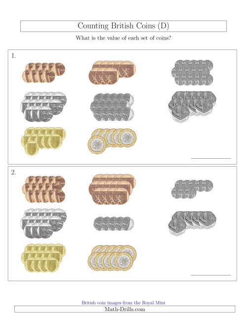 The Counting British Coins (D) Math Worksheet