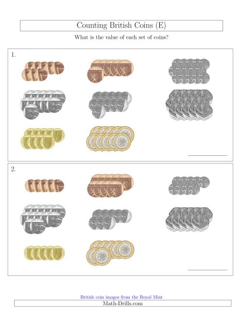 The Counting British Coins (E) Math Worksheet