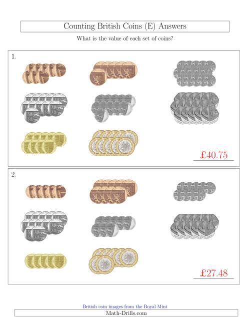 The Counting British Coins (E) Math Worksheet Page 2