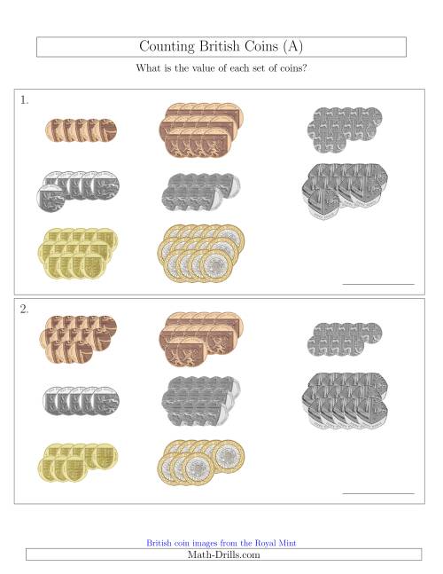 The Counting British Coins (All) Math Worksheet