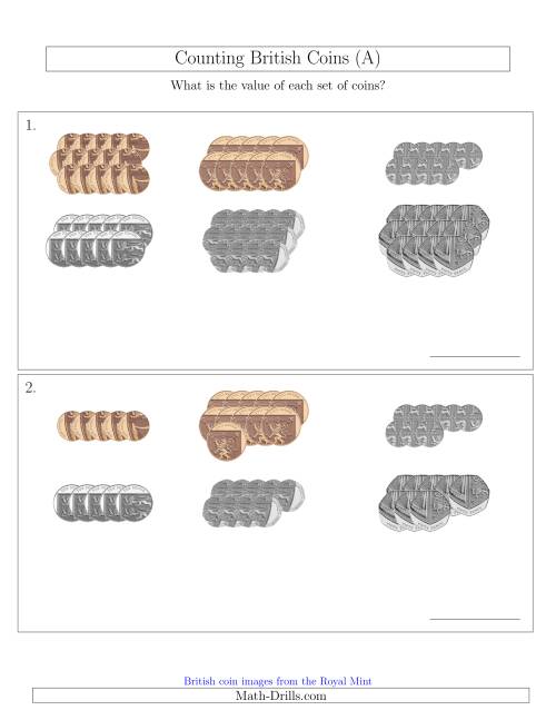 The Counting British Coins (No Pound Coins) (A) Math Worksheet