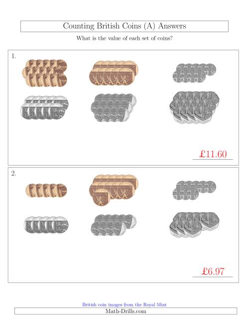 The Counting British Coins (No Pound Coins) (A) Math Worksheet Page 2