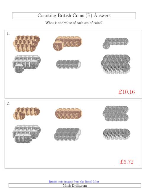 The Counting British Coins (No Pound Coins) (B) Math Worksheet Page 2