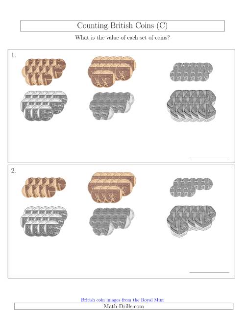 The Counting British Coins (No Pound Coins) (C) Math Worksheet