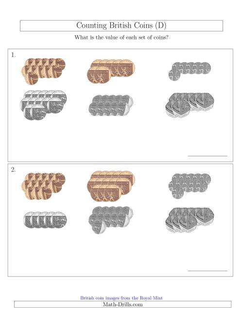 The Counting British Coins (No Pound Coins) (D) Math Worksheet