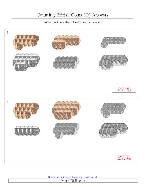 The Counting British Coins (No Pound Coins) (D) Math Worksheet Page 2