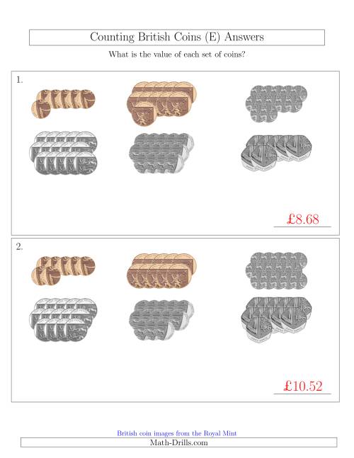 The Counting British Coins (No Pound Coins) (E) Math Worksheet Page 2
