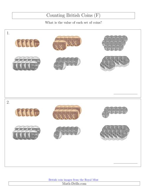 The Counting British Coins (No Pound Coins) (F) Math Worksheet