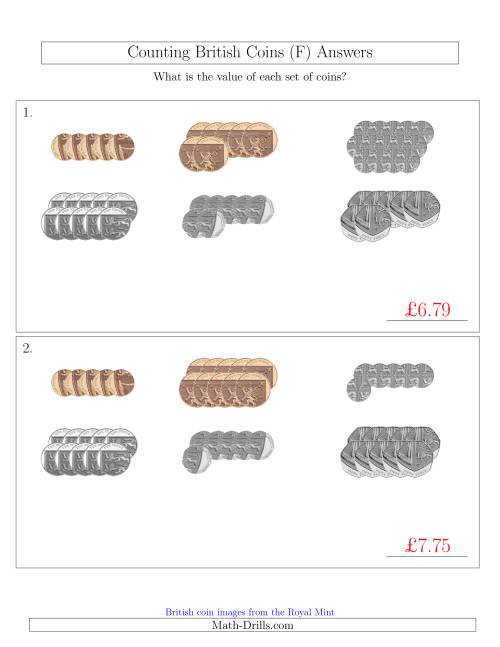The Counting British Coins (No Pound Coins) (F) Math Worksheet Page 2