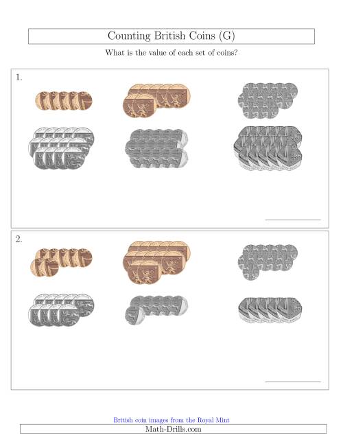 The Counting British Coins (No Pound Coins) (G) Math Worksheet