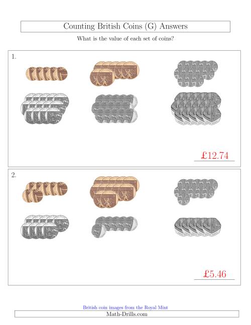 The Counting British Coins (No Pound Coins) (G) Math Worksheet Page 2