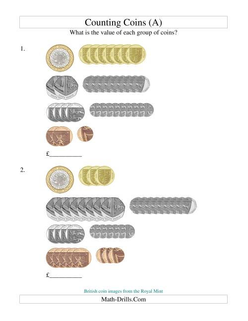 The Counting British Coins (Old) Math Worksheet