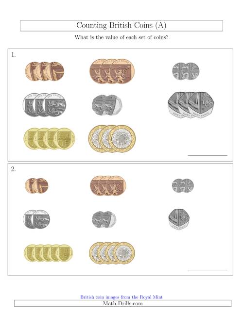 The Counting Small Collections of British Coins (A) Math Worksheet