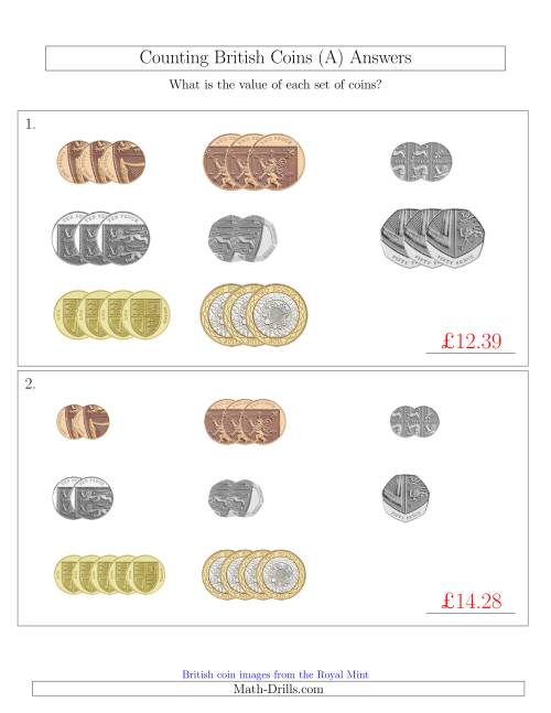 The Counting Small Collections of British Coins (A) Math Worksheet Page 2