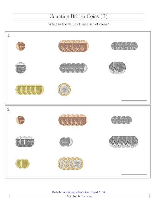 The Counting Small Collections of British Coins (B) Math Worksheet