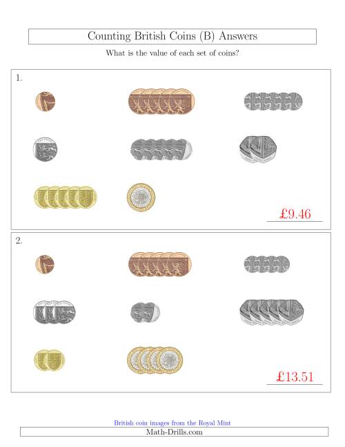 The Counting Small Collections of British Coins (B) Math Worksheet Page 2