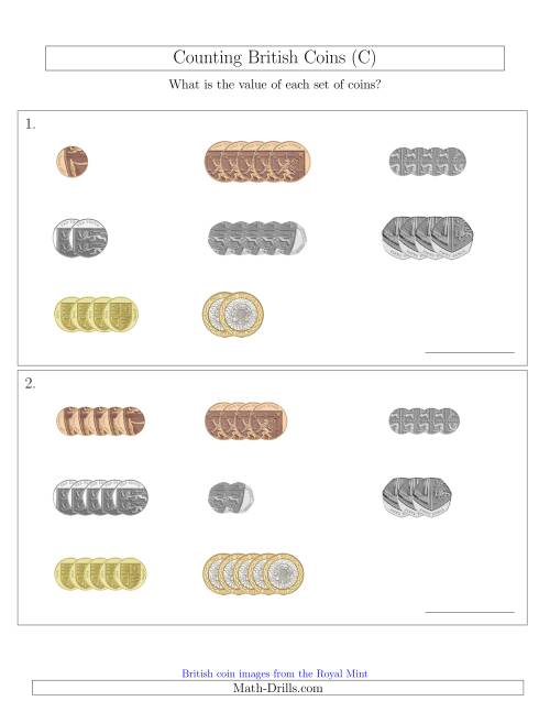 The Counting Small Collections of British Coins (C) Math Worksheet