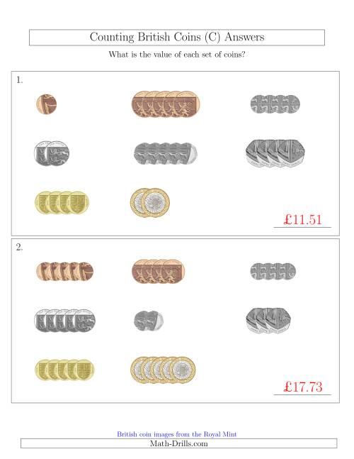 The Counting Small Collections of British Coins (C) Math Worksheet Page 2