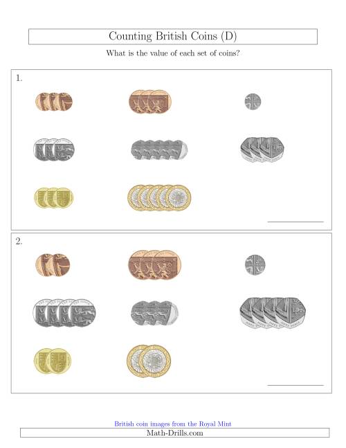 The Counting Small Collections of British Coins (D) Math Worksheet