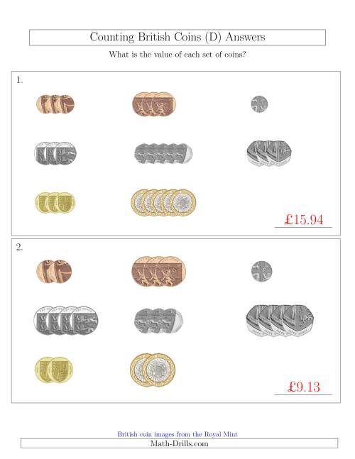 The Counting Small Collections of British Coins (D) Math Worksheet Page 2