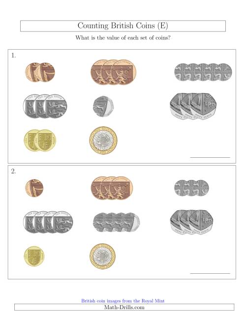 The Counting Small Collections of British Coins (E) Math Worksheet