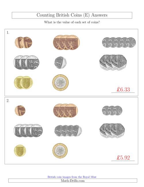 The Counting Small Collections of British Coins (E) Math Worksheet Page 2