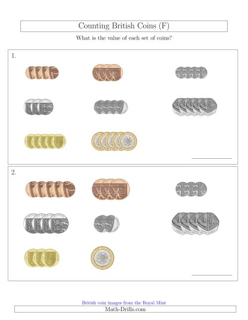 The Counting Small Collections of British Coins (F) Math Worksheet
