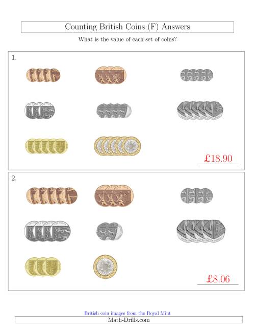 The Counting Small Collections of British Coins (F) Math Worksheet Page 2