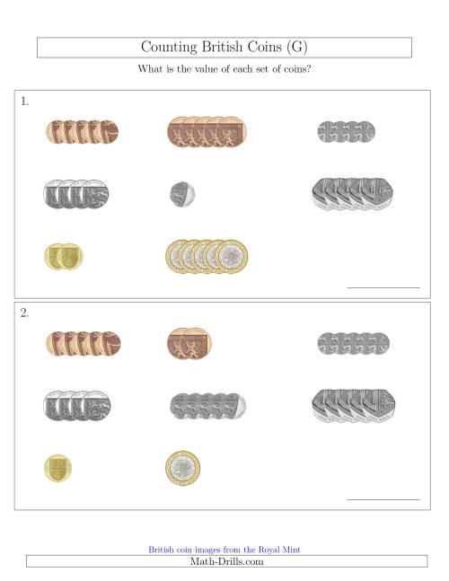 The Counting Small Collections of British Coins (G) Math Worksheet
