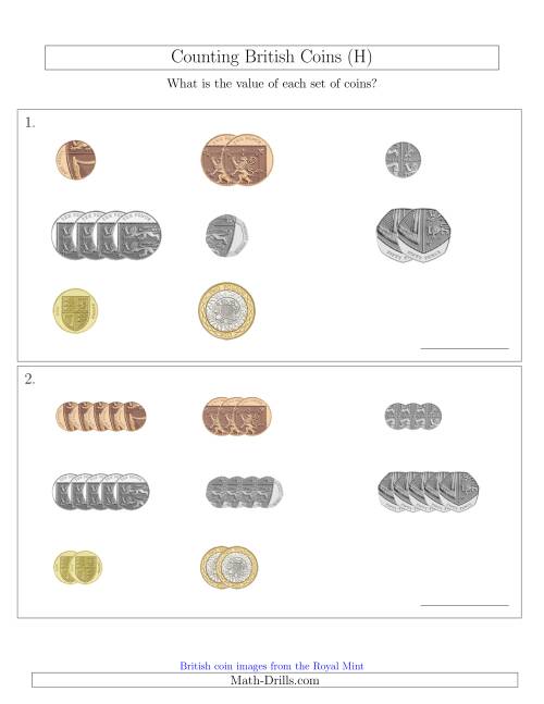 The Counting Small Collections of British Coins (H) Math Worksheet
