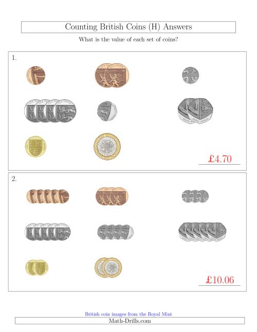 The Counting Small Collections of British Coins (H) Math Worksheet Page 2