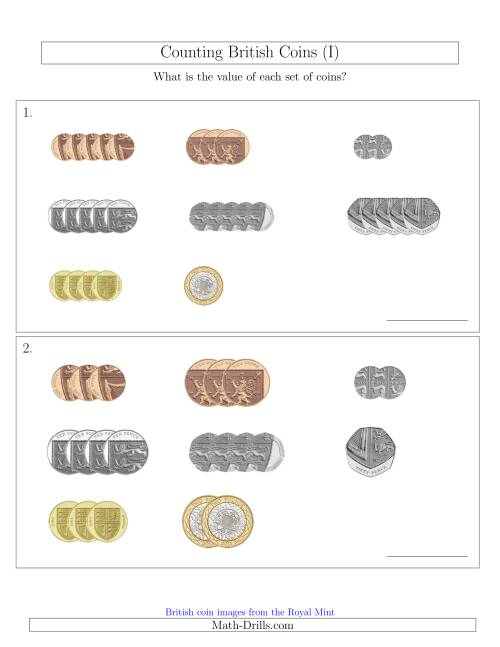 The Counting Small Collections of British Coins (I) Math Worksheet