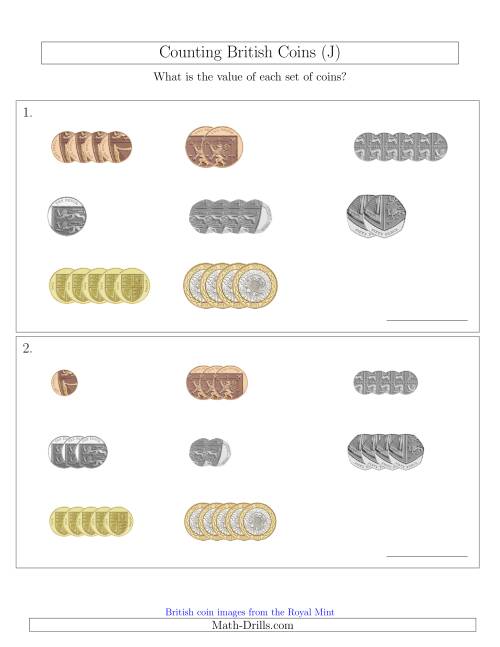 The Counting Small Collections of British Coins (J) Math Worksheet