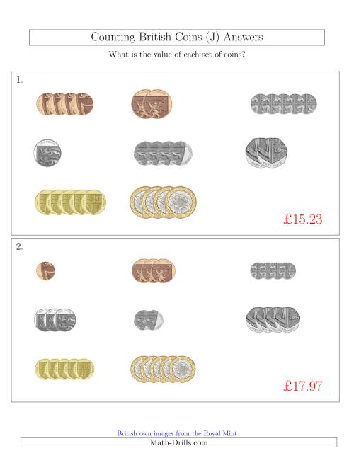 The Counting Small Collections of British Coins (J) Math Worksheet Page 2