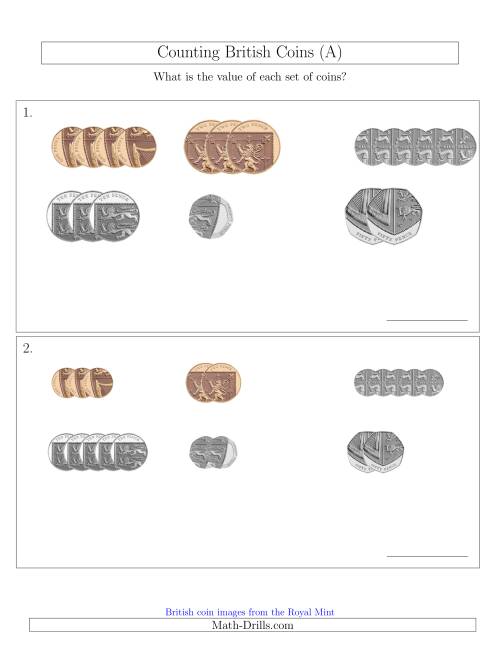 The Counting Small Collections of British Coins (No Pound Coins) (A) Math Worksheet