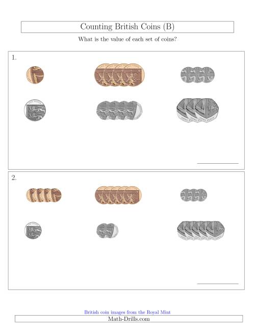 The Counting Small Collections of British Coins (No Pound Coins) (B) Math Worksheet