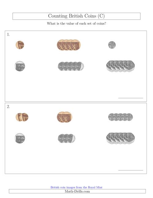The Counting Small Collections of British Coins (No Pound Coins) (C) Math Worksheet