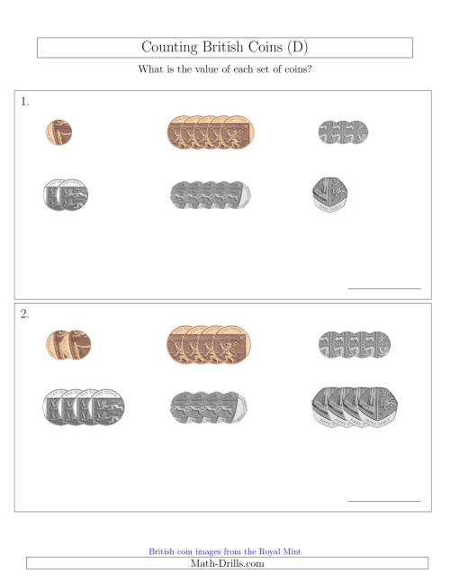 The Counting Small Collections of British Coins (No Pound Coins) (D) Math Worksheet