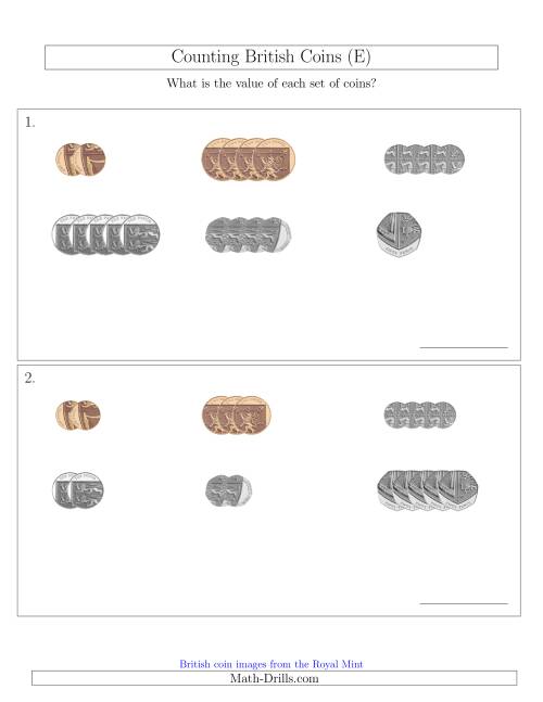 The Counting Small Collections of British Coins (No Pound Coins) (E) Math Worksheet