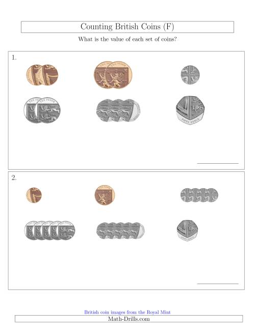 The Counting Small Collections of British Coins (No Pound Coins) (F) Math Worksheet