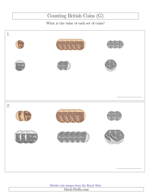 The Counting Small Collections of British Coins (No Pound Coins) (G) Math Worksheet