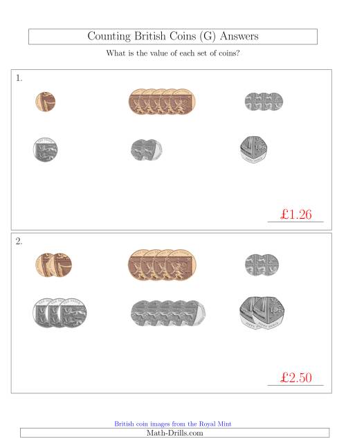 The Counting Small Collections of British Coins (No Pound Coins) (G) Math Worksheet Page 2