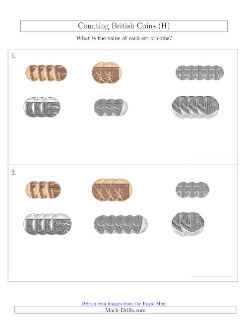The Counting Small Collections of British Coins (No Pound Coins) (H) Math Worksheet
